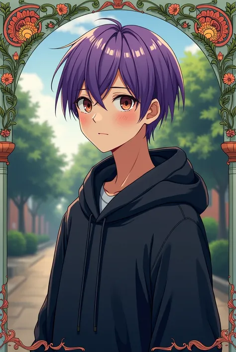 Anime style Art Nouveau,  short hair, man,  purple hair , dark brown eyes,  black hoodie , in the schoolyard, 