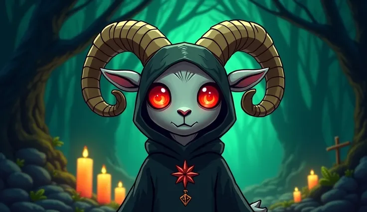  Generate a cartoonish illustration of an anthropomorphic animal inspired by Cult of the Lamb art style.  The animal must have big red eyes and nothing else ,  simplified shapes and cute but slightly disturbing cartoon-style features .   The background sho...