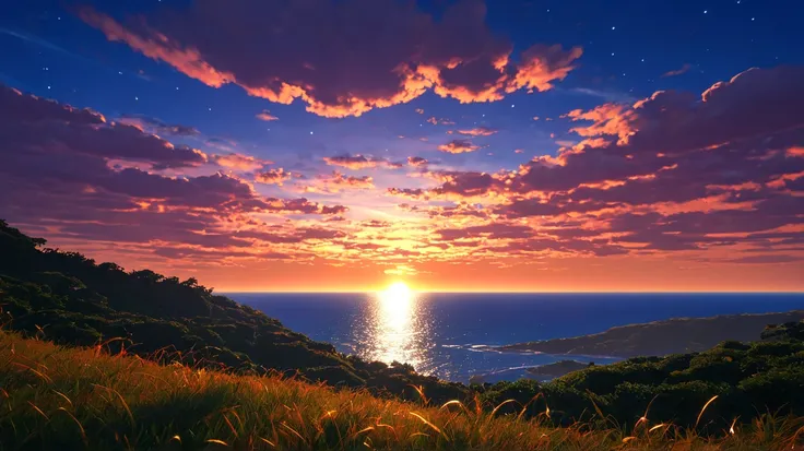 High quality, 8K Ultra HD. The image shows a boy sitting anime watching 
 The terrifying ocean at sunrise from a grassy hill, with a background of vibrant blue sky and red and orange hues of the sun. anime art wallpaper 4k, arte digital de Shen Che-Tsai, p...