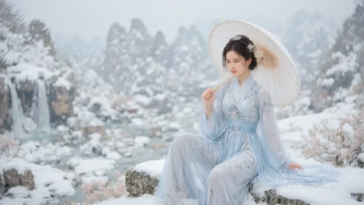 A serene and winter scene inspired by classical Chinese landscape art.winter everything is covered with snow,  A graceful woman sits on a rocky ledge, wearing a traditional pale blue hanfu adorned with intricate embroidery. She holds a large, translucent p...