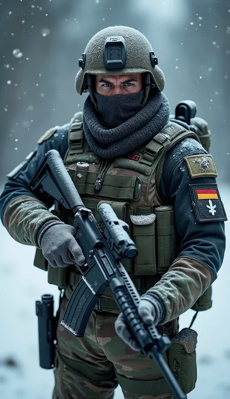 "An ultra-realistic, high-resolution 8K image of a powerful German soldier standing in a commanding frontal pose amidst a cold, snowy environment. The soldier exudes strength, coldness, and an air of menace, with his intense expression and precise posture....