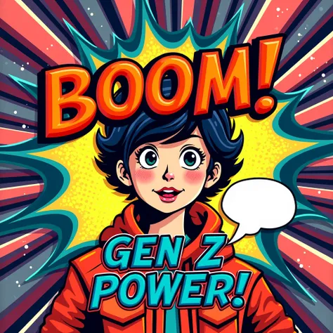 A bright and energetic pop art design featuring comic book-style captions like "Boom! Gen Z Power!"