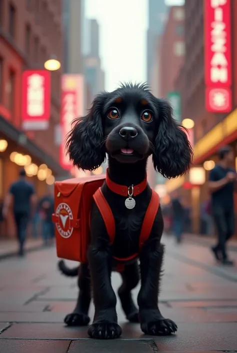 A black cocker dog that delivers pizzas