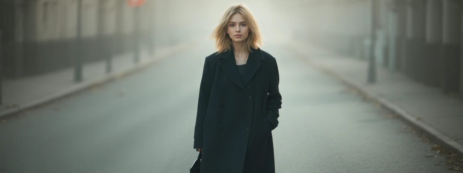 a girl in a full-length coat walks along a deserted street in an autumn city, blonde hair above her shoulders, skin texture, looks at the camera. photorealism, high detail, cinematic