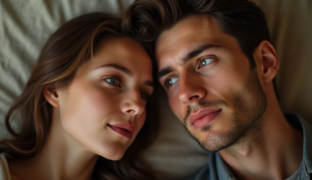 "close-up of couple in romantic mood, curious expression, soft light and warm tones, blurred background"