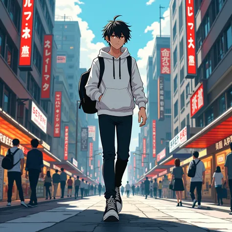 19-year-old boy,  white hoodie, black jeans , black and white sneakers , walking around Tokyo , Anime style, Black and white hair ,  medium length hair , Orange Eyes,  high resolution, 