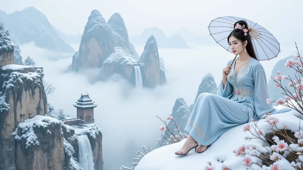 a serene and winter scene inspired by classical chinese landscape art.winter everything is covered with snow,  a graceful woman ...