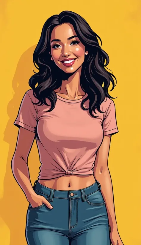 DISCREET image. with discreet casual clothes. image adult woman, american, comic book style. with a discreet smile. IMAGES WITH VIBRANT COLORS.