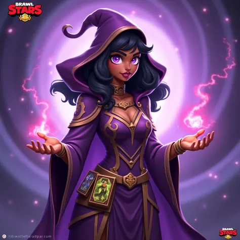  A humanized version of Tara from Brawl Stars , with dark skin,  bright purple eyes and detailed purple and gold costumes.  She wears a hood slightly pulled back , revealing wavy dark hair .  Her hands emanate a magical energy ,  and a tarot deck is attach...