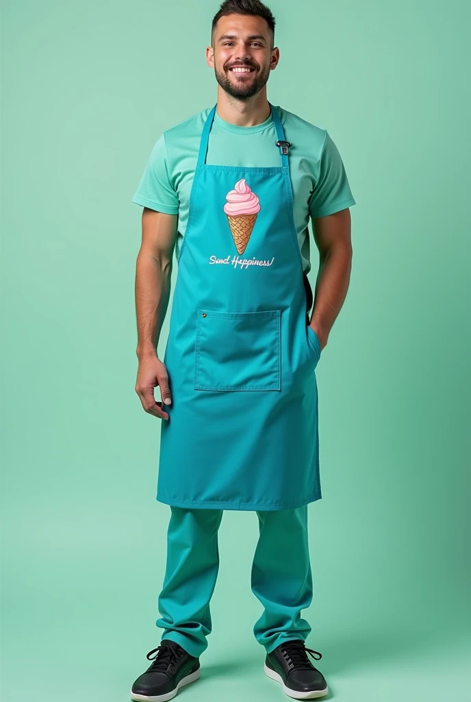 uniforms for ice cream ,  that highlights the intense blue color with green .  The t-shirt must be short sleeve with a ,  you can combine the two colors on the t-shirt,  The pants , black sneakers, with apron .  primary color blue ,  secondary color green ...