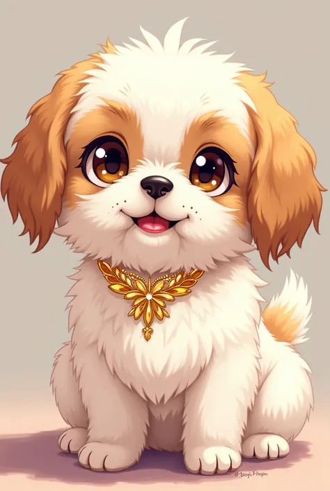 a Shih Tzu dog . anime drawing . gold body necklace white breast