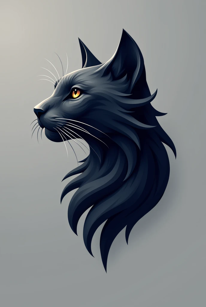 Logotipo A majestic cat head or full body silhouette facing forward incorporated into a modern, abstract logo design featuring bold lines, minimalist shapes and a predominantly dark color scheme with hints of silver or gray, on a clean, solid-colored backg...