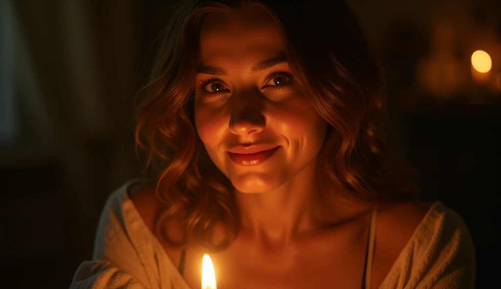 "woman smiling in candlelit room, atmosphere of discovery, cinematic touch"