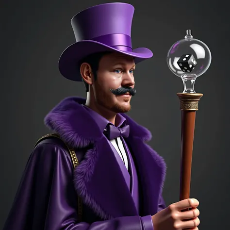  a man looking about 30 years old ,  dressed in a purple robe and a purple hat and fur ,  he carries a wood-metal cane that only reaches his waist in height,  so the man would lean on the glass . At the top there is a black die surrounded by a small glass ...