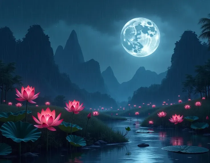 por la noche,  only the moonlight illuminates , twisted moon,  mountains in the distance, Beautiful large lotus flowers nearby,  large red lotus flowers , water running next to it, frogs, Summer full of joy, twisted moon in the sky mixed with stars,  Incre...