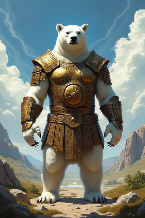 Create a polar bear human body Greek armor earth background