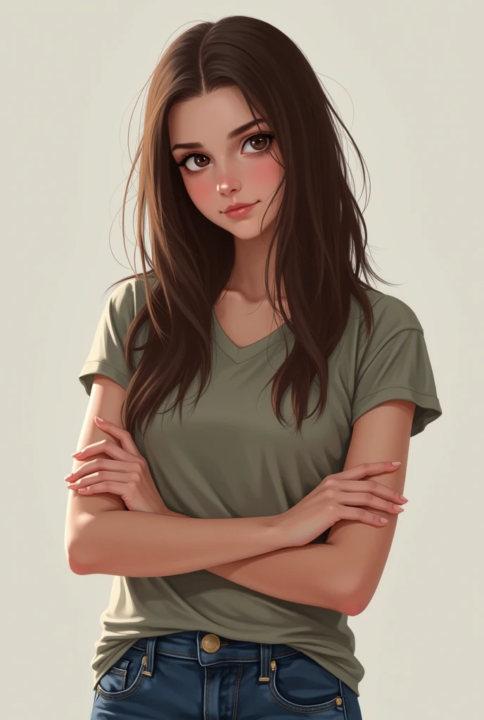 A brunette girl with straight long hair and brown eyes wearing casual clothes with arms crossed.