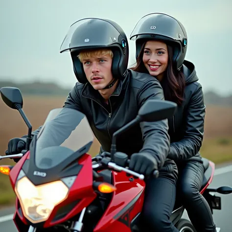  An avatar of a male and female couple driving a red Honda CB 500x motorcycle with black details with a transparent visor,  jackets both wearing black helmets with neon green details , wearing black x11 ,  blond man with blue eyes and woman with loose blac...