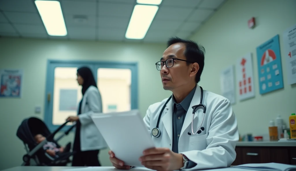 {
  "prompt": "Dr. Adi, a middle-aged Indonesian man wearing glasses and a white medical coat, sits at a desk in his pediatric office, looking up from a medical file to ask Lani a question. He appears thoughtful and slightly concerned. In the background, L...