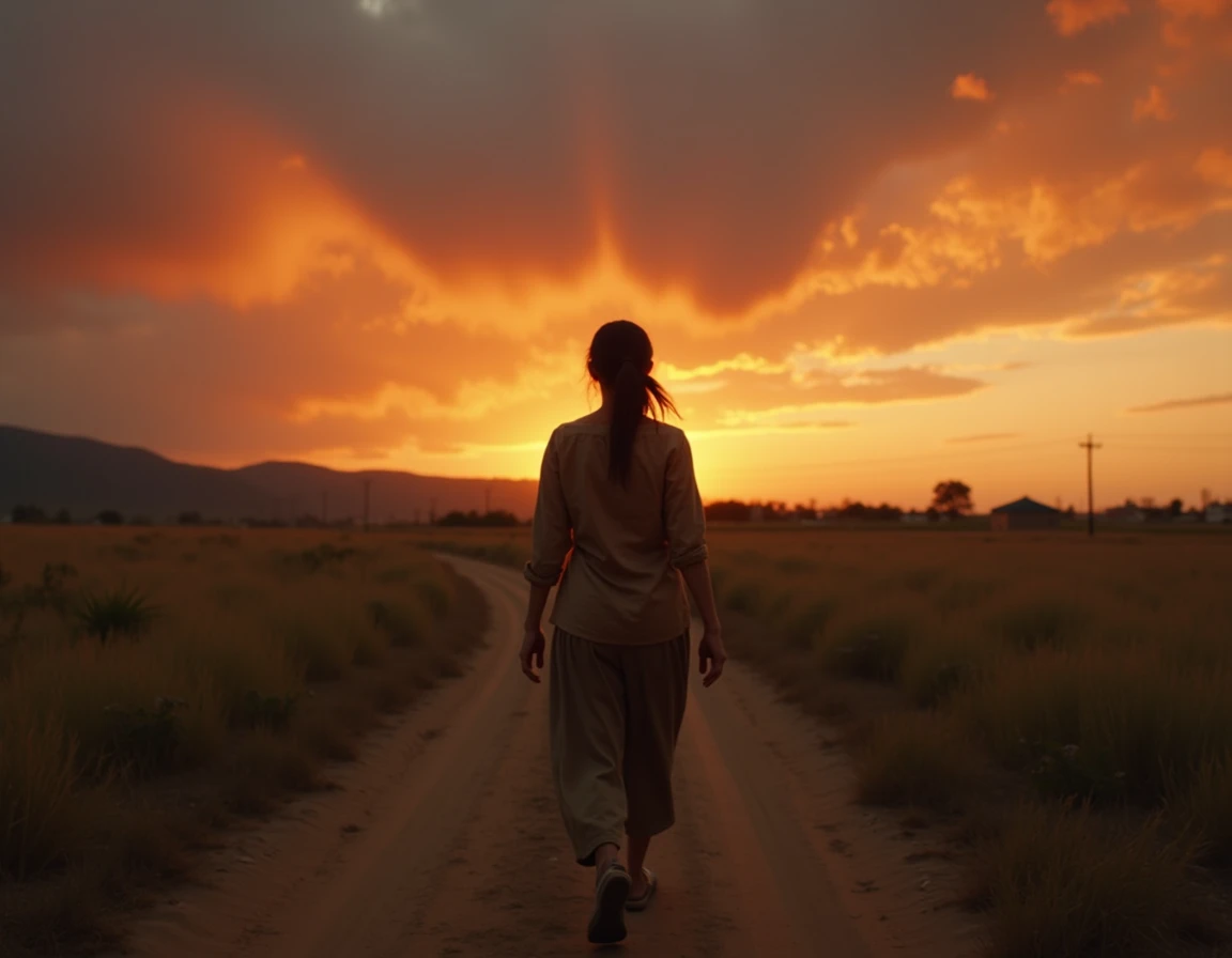 Cinematic, wide-angle shot of a dirt path at sunset, a humble woman in her early 40s, with dark hair tied back, weathered hands, wearing simple, earth-toned clothes, walking alone under a dramatic orange and purple sky, the atmosphere filled with uncertain...