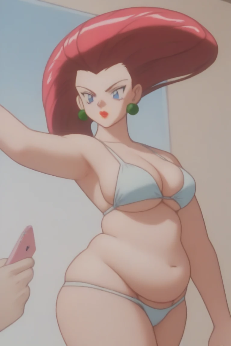 PMJessie shocked,  red hair, long hair, blue eyes, lipstick, Tall height, Prominent Neck, Tall height, chubby belly, tall triangle body shape, earrings,  talk on the phone, wear a white fabric bikini, close up, fair skin, lounging side on the bed, 