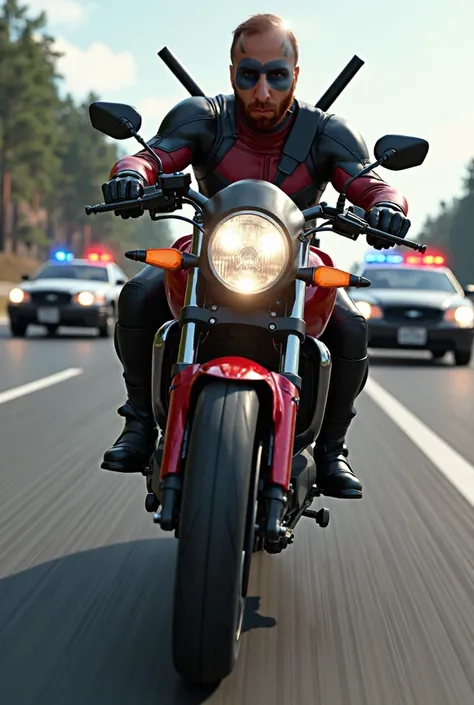 Deadpool is riding a Yamaha R1 motorcycle from the year 2000, îs costumated like a biker in a black leather suit, the action takes place on a highway and he is being chased by the police from behind.