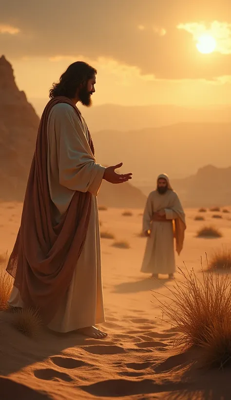 create image representing The temptation of Jesus in the desert: A scene that illustrates Jesus in the desert facing temptations, perhaps with a figure that symbolizes Satan in the background, in high resolution 8k