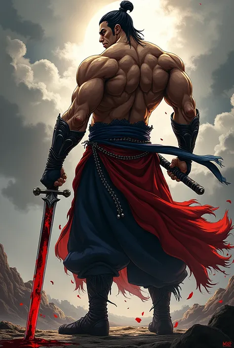 I want to see on the book cover a hero standing with his back turned, holding a sword dripping with blood, in an art style similar to that of anime manga.
with face