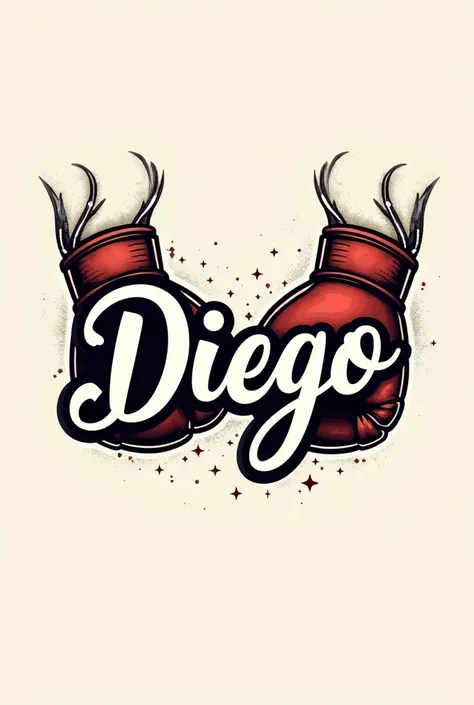 Create an image of Chicana letters for simple tattoo of the name Diego with boxing gloves