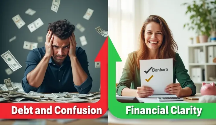 Split Screen Effect:

Left Side (Debt and Confusion):
A chaotic scene with scattered bills, a stressed person holding their head, and a red downward arrow representing financial trouble. Use dark, muted colors like gray, red, and black for this side.
Right...