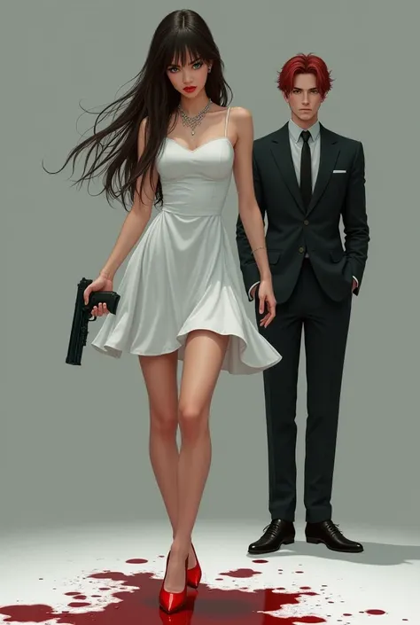  I would like an image that has a certain distance ,  framing in the center only a thin woman with a tall back , 18 years old, dark brown hair up to the waist ,  white dress just above the knee holding a gun ,  the feet of the woman with red shoes and a re...