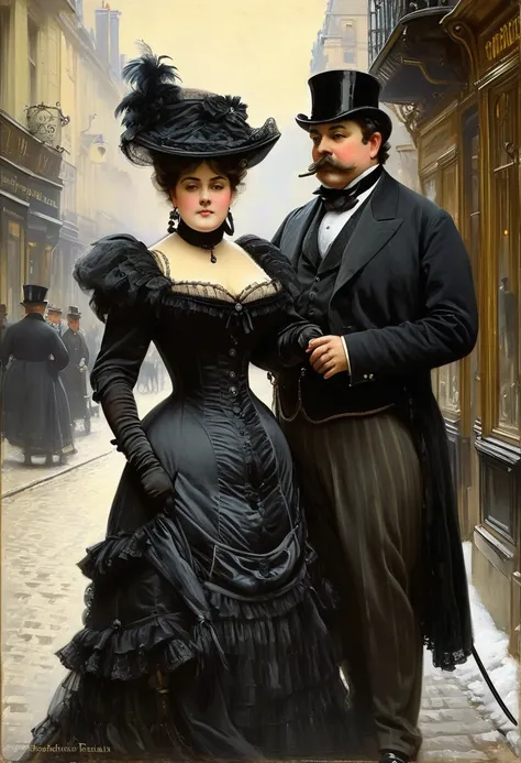 Full body shot of a Victorian Scene, sherlock holmes and a plump voluptuous buxom pretty Victorian widow in black clothes having a  flirt standing face to face in Baker street,
by Jean Béraud, inspired by Jean Béraud, inspired by Édouard Detaille, edouard ...