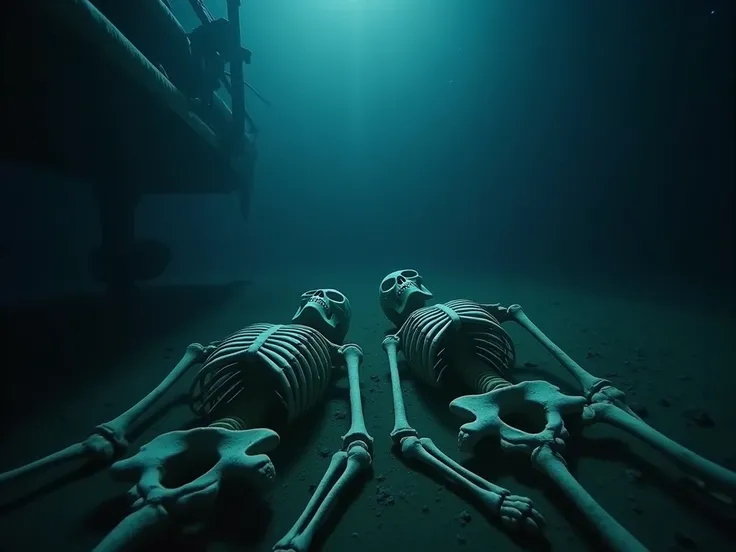 8k high resolution image, of skeletons ,  lying face up, side by side, at the bottom of the ocean.  In front of them ,  a submersible ,  illuminating the image .