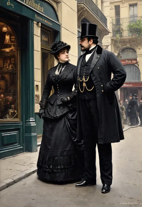 Full body shot of a Victorian Scene, sherlock holmes and a plump voluptuous buxom pretty Victorian widow in black clothes having a  flirt standing face to face in Baker street,
by Jean Béraud, inspired by Jean Béraud, inspired by Édouard Detaille, edouard ...