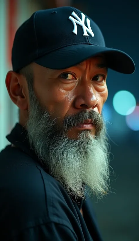 Professional Photography,  Wong Ka Wai movie lighting style , Live-action version、True、   analog film photo, A 50-year-old bald man wears a New York Yankees hat, Long beard, Casual Clothing, ( best quality,4K,8K, high resolution,masterpiece:1.2),Super Fine...