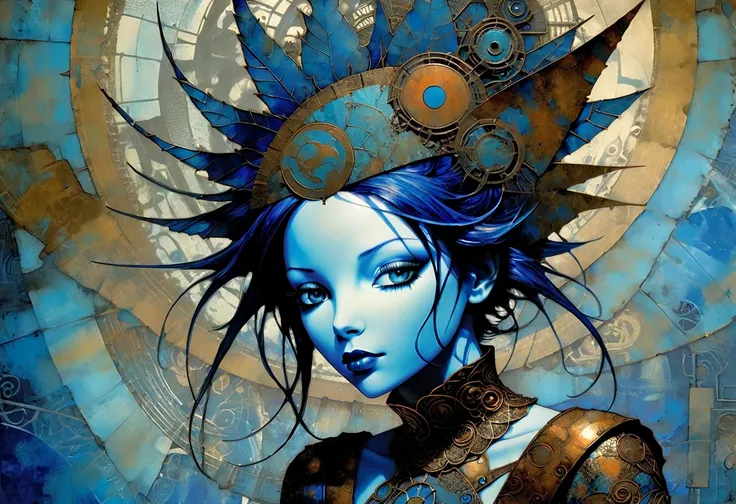 blue rusty metallic paper eu, paper: "Jasp!" ( Art inspired by Dave Mckean ,  intricate details,  oil painting)
