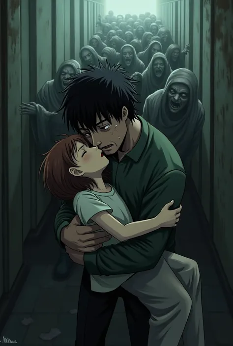 Create a moment ,  where the black-haired man is sitting crying and hugging the girl who is sleeping in his arms, and behind them is a crowd of zombies running at them , in the hallway 