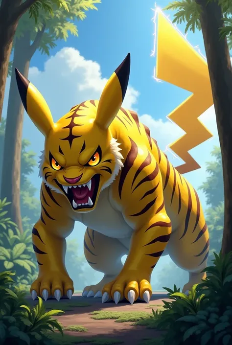 A fusion between Pikachu and a scary tiger: the creature is shaped like Pikachus head, but with bright yellow eyes, sharp fangs, and a fierce expression. Its body is muscular, with yellow skin and tiger stripes, large claws, and a long tail with a lightnin...