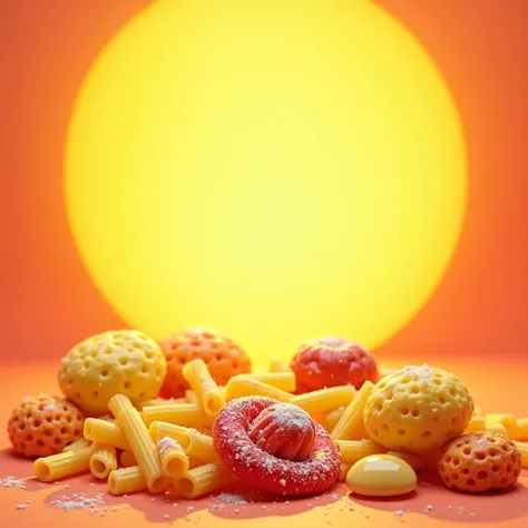 Create an image written “Delicias da Sol” with the color yellow and light red with images of candies and pasta