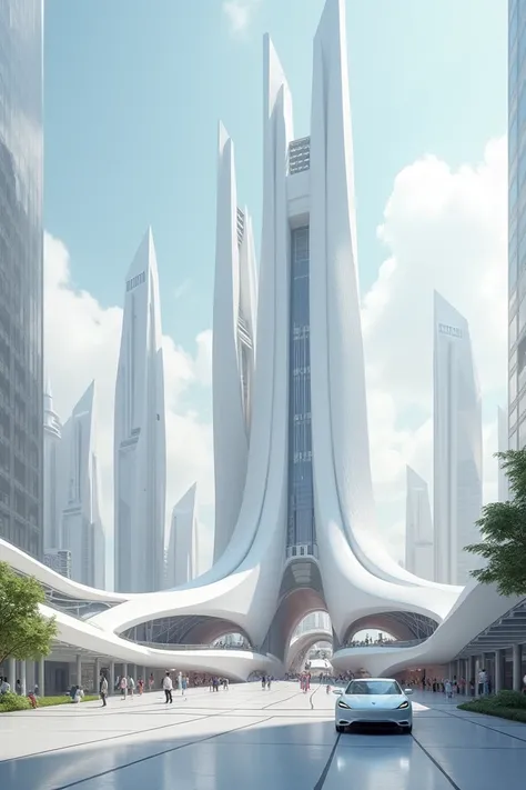 Futuristic white building , big,  with platforms as an entrance for flying cars inside a utopian city and surrounding it some flying cars landing in the building 