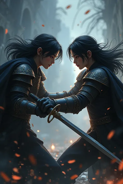 Create an image where two young princes with half-long, black hair clash against a dark background