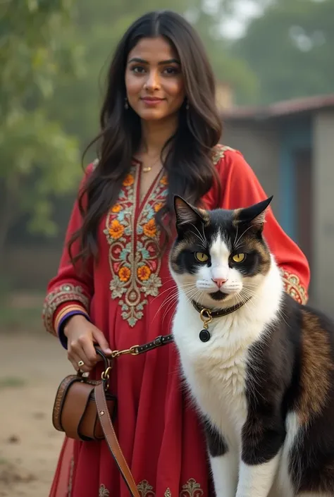 "A beautiful 24-year-old woman wearing traditional Sindhi attire, adorned with intricate embroidery and vibrant cultural patterns. She is holding a leather leash connected to a large, majestic cat with a sleek, silky coat. The cats fur is a mix of white an...