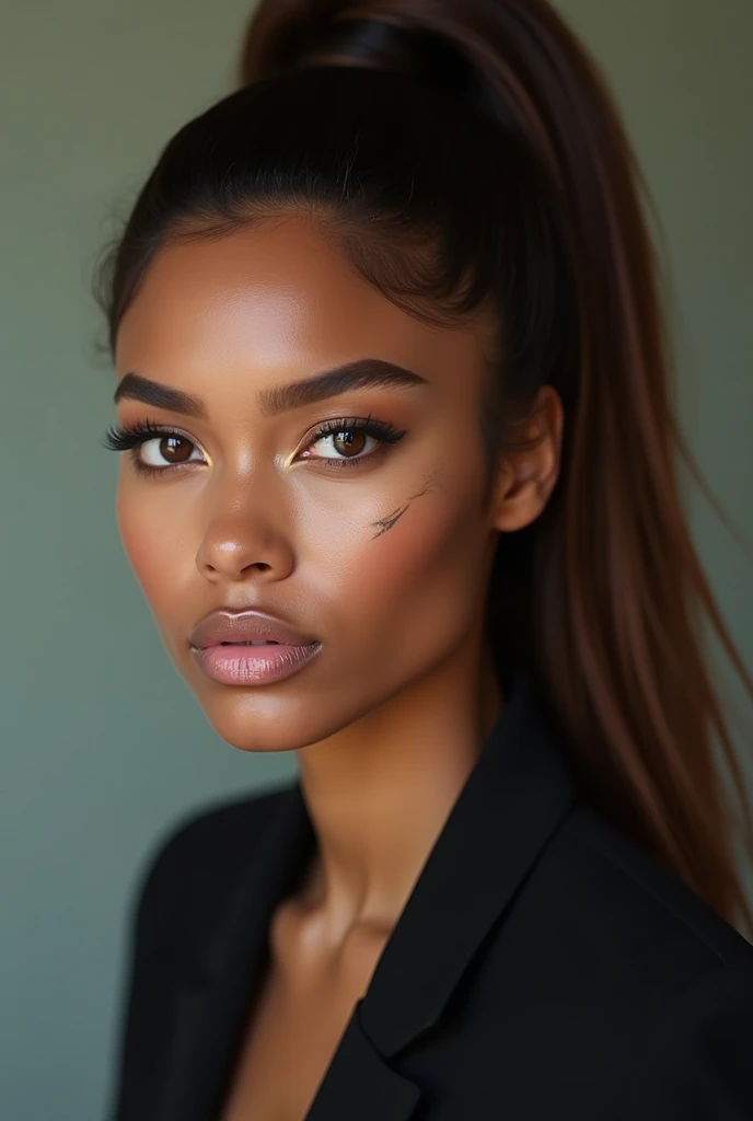 Beautiful 25-year-old woman, dark skin, light brown slanted eyes, with a fine nose and a luscious pink mouth with dimples on the corner of her mouth. Hair slicked into a high caramel-colored ponytail and thick eyebrow. Has a scar on the side of his cheek. ...