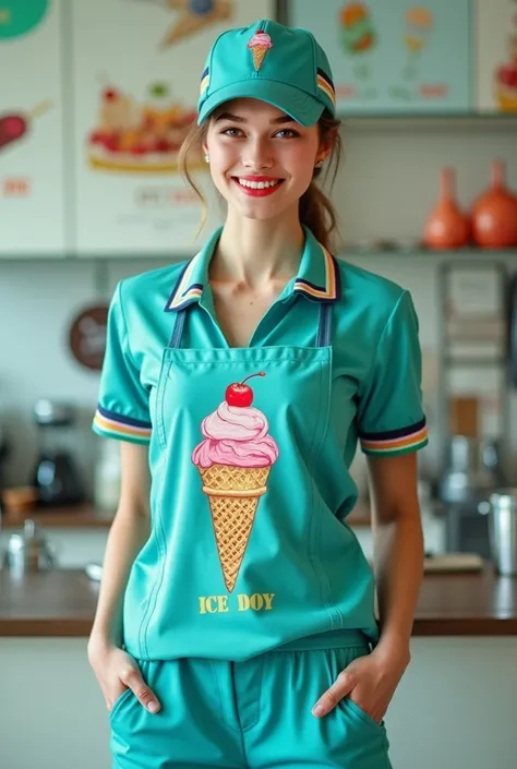  uniforms for ice cream ,  colors such as intense blue , Deep green, WITH CAP , with pants .  They must be elegant and fun ,  in addition to comfortable ,  with ice cream prints or embroideries.  Use the slogan :  sweet happiness at all times 