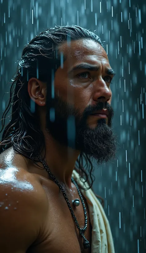 Professional Photography,  Wong Ka Wai movie lighting style , Live-action version、True、   Analog Film Photographs , Close-up shot of Jesus in the rain , ,photorealism, Jason Momoa as an Assyrian , 9gag ,  visually stunning scene,  Manipulating the flow of ...