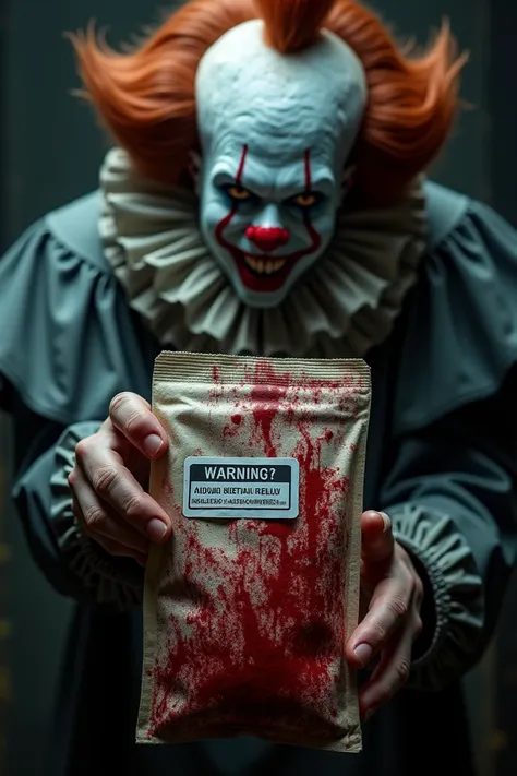 Generate a design of a vomit bag warning due to extreme violence and excess blood in the style of Terrifier 3 with art the clown in the background 