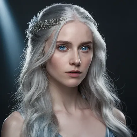 Cinematic, realistic photography portrait of a woman with pale white skin, icy blue eyes, and long silver hair cascading over her shoulders. Her expression is calm yet intense, hinting at hidden secrets. She has sharp facial features with a well-defined ja...