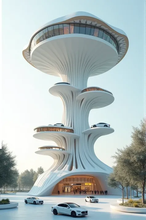 Utopian white building with a platform for parking flying cars and shaped like a tree in which the roots are the platforms and below the store and the roof is made up of housing modules 