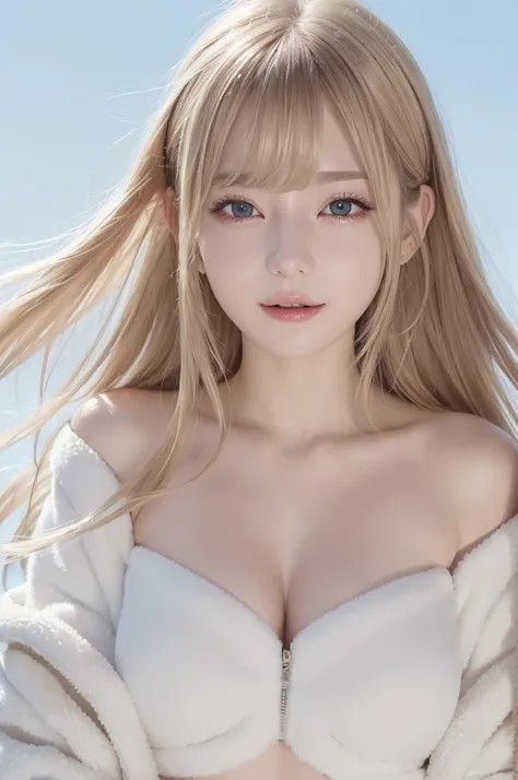 blond、  Upper Body Close-up 、cute、 Straight Hair、プラチナblondの髪、 Dull bangs、  strapless 、  fluffy fur jacket 、 Beautiful, White, Shiny Skin、  brightly illuminate 、、  Hair Flowing in the Wind 、 white background、