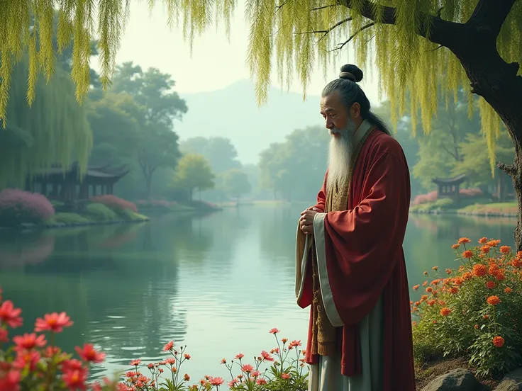 Realistic image of the Thinker Confucius in a garden with a lake